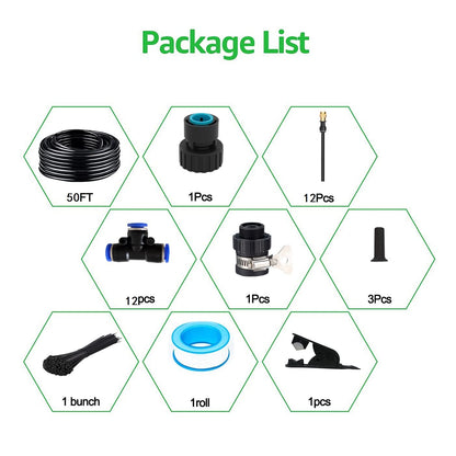 50FT Drip Irrigation Kit, Automatic Garden Watering System with Tool-Free Quick Connectors, 360° Bending Drippers & Copper Misting Nozzles for Greenhouse, Patio, Lawn & Vegetable Garden. (15M)