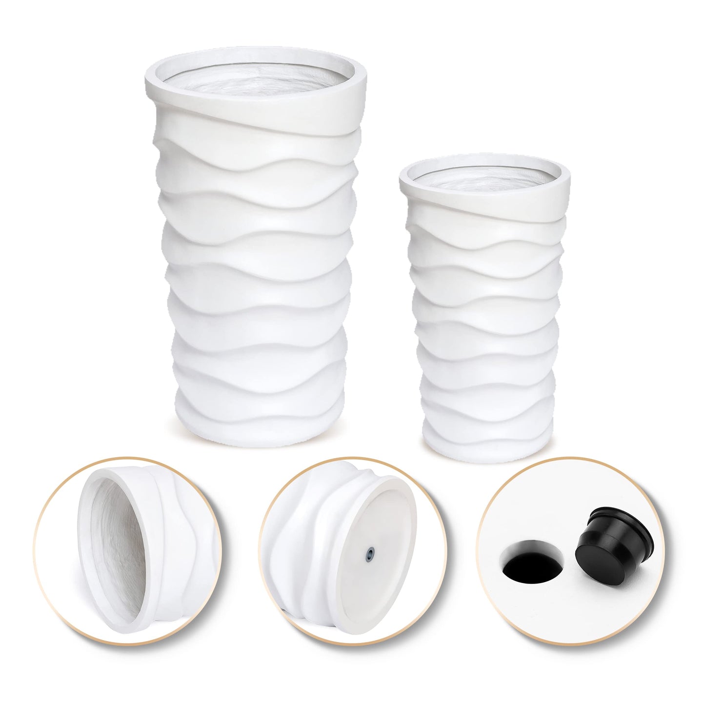 LuxenHome Tall Planters for Outdoor Plants, Set of 2 Indoor Outdoor Garden Plant Pots with Drainage Hole and Rubber Plug, Modern White Waves Flower Pot Concrete Planters for Home Garden Patio Porch