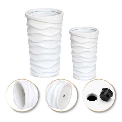 LuxenHome Tall Planters for Outdoor Plants, Set of 2 Indoor Outdoor Garden Plant Pots with Drainage Hole and Rubber Plug, Modern White Waves Flower Pot Concrete Planters for Home Garden Patio Porch