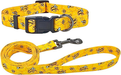 Dog Collar Leash Set, Busy Bee Pattern, 5ft Matching Leash, Polyester Material, 4 for Small Medium Large Dogs.(M, Bee)