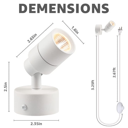 SUNVIE 2 Pack LED Up Lights Indoor, 3W Spot Lights for Indoor Use with 3000K Warm White, 120V Spotlights for Plants Pictures Artwork Uplighting & Accent Lighting, 5.9 FT Plug Cord with Foot Switch