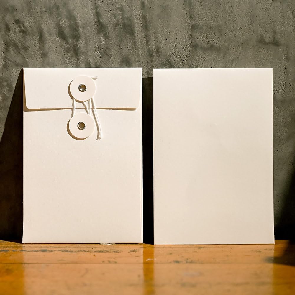 QILANJO 20 Pcs Kraft Paper Envelopes with Button and String Tie Closure Vintage Storage Envelope Pockets for Cards, Invitations, Photo, Files, 4.5x6.7 inch, White