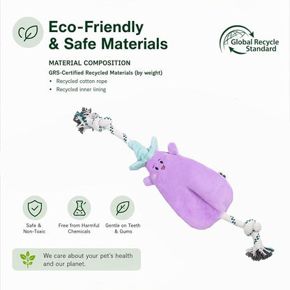 Green Sheep Interactive Plush Dog Toy, No Stuffing Squeaky Toy with Recycled Cotton Rope for Medium to Large Dogs, Aubergine