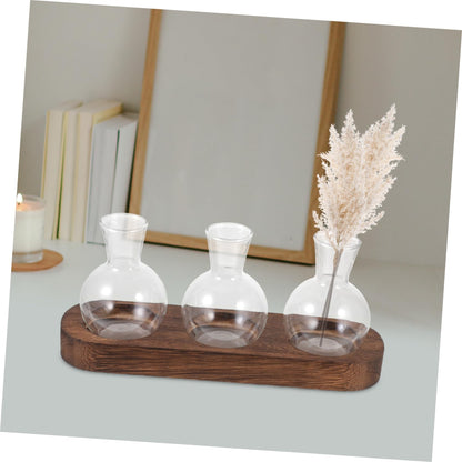 FONDOTIN Hydroponic Glass Vase with Wooden Base for Home and Office Decoration Plant Arrangement Container Stylish Desktop Terrarium for Greenery