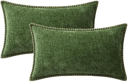 MIULEE Pack of 2 Lumbar Throw Pillow Covers 12x20 Inch Moss Green Farmhouse Decorative Pillow Covers Stitched Edge Soft Chenille Solid Dyed Pillow Covers for Couch Sofa Bed Living Room, Forest Green