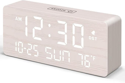 DreamSky Wooden Digital Alarm Clocks for Bedrooms with Date & Day of Week | Living Room Desk Clock, Temperature, USB Port, Dimmer Wheel, Adjustable Volume, Auto DST, Office Wood Decor (Plug-in)