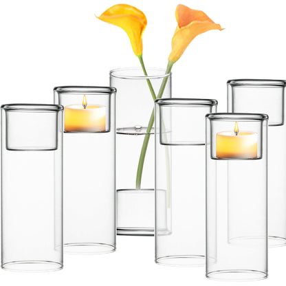 CYS EXCEL Clear Glass Tealight Candle Holders Bud Vases (Pack of 6) Hurricane Candle Holders Home Décor Wedding Candle Centerpiece Cylinder Vases