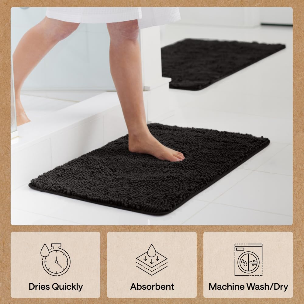 GORILLA GRIP Bath Rug Mat 48x17, Thick Soft Absorbent Chenille, Quick Dry Microfiber Mats, Rubber Backing Washable Shower Floor Rugs, Bathmat Runner, US Designed Bathroom Home Decor Accessories Black