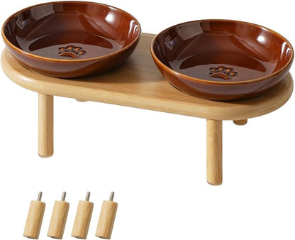 Havniva Elevated Cat Bowls Raised Ceramic Cat Bowl, 5.7” Wide Opening Cat Food Bowl Whisker Friendly Cat Dish Anti-Slip with Bamboo Stand, Shallow Pet Food & Water Bowl for Indoor Cats