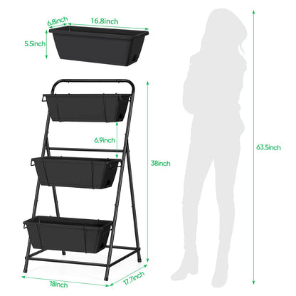 Raised Garden Bed 3 Tier Vertical Garden Planter Elevated Planter Boxes Outdoor Herb Planter with Drainage Holes Removable Tray for Patio Balcony Porch Black