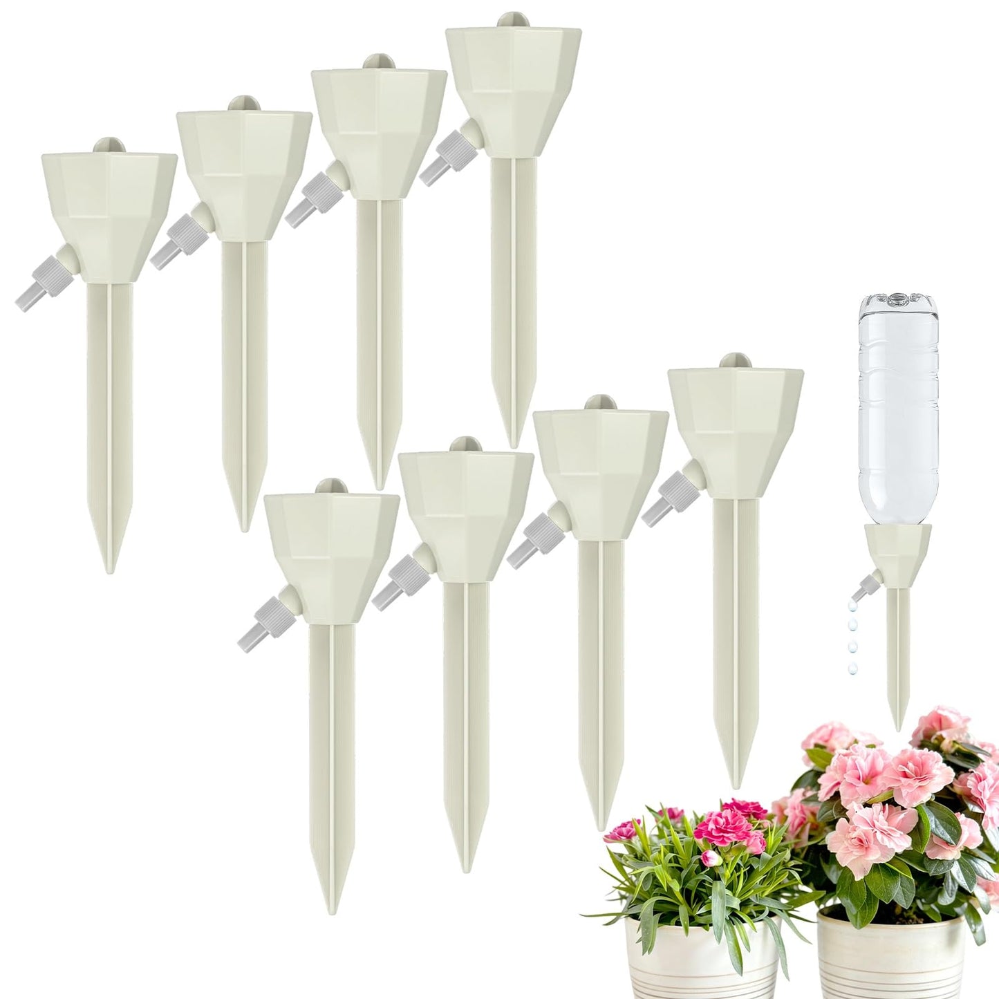 M METERXITY 8-Pack Self Watering Spikes for Plants, 5.3 Inch Plastic Plant Watering Devices with 8 Stoppers for Indoor/Outdoor Pots, Garden Water Planter System [Beige]