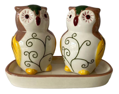Ceramic Owl Salt and Pepper Shakers, 2-Piece Set | Spice Dispenser Storage Canisters - Brown