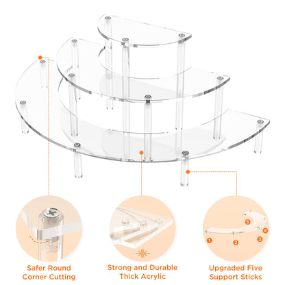 Dooiclear 3 Tier Acrylic Display Risers 2 Pack, Half Moon Cupcake Stand, Clear Perfume Organizer, Dessert Stand for Display, Clear Display Stand for Food, Cupcake, Perfume, Collections