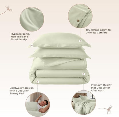 100% Organic Cotton Duvet Cover King Size - Naturally Soft Lightweight & Cooling Duvet Cover Set with Decorative Shams - Premium GOTS Certified 300 Thread Count Sateen Weave (Pastel Green, King)