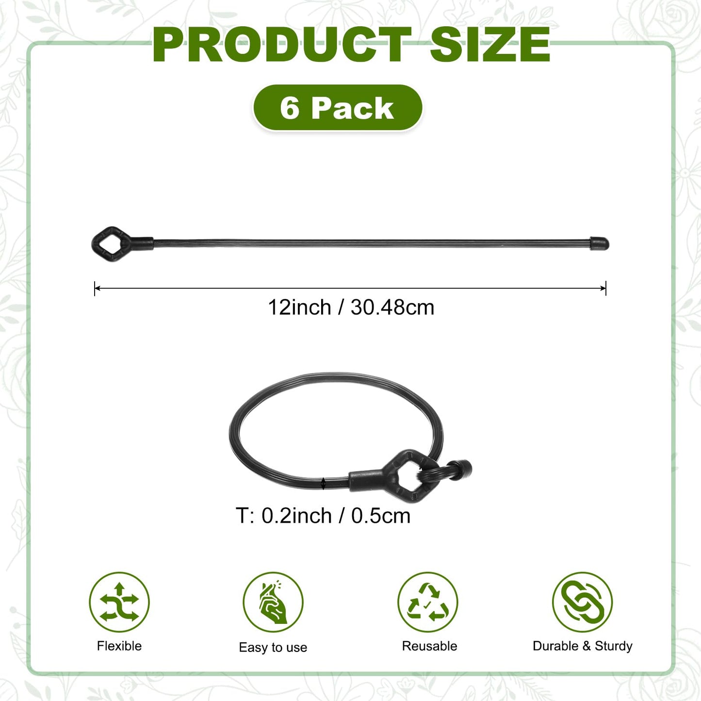 M METERXITY 6-Pack Adjustable Plant Ties, 12inch/30.48cm Silicone Flexible Multi-Function Sturdy Garden Twist Tie for Plant Support/Tree/Shrub/Vine, Reusable Support Twine [Black]