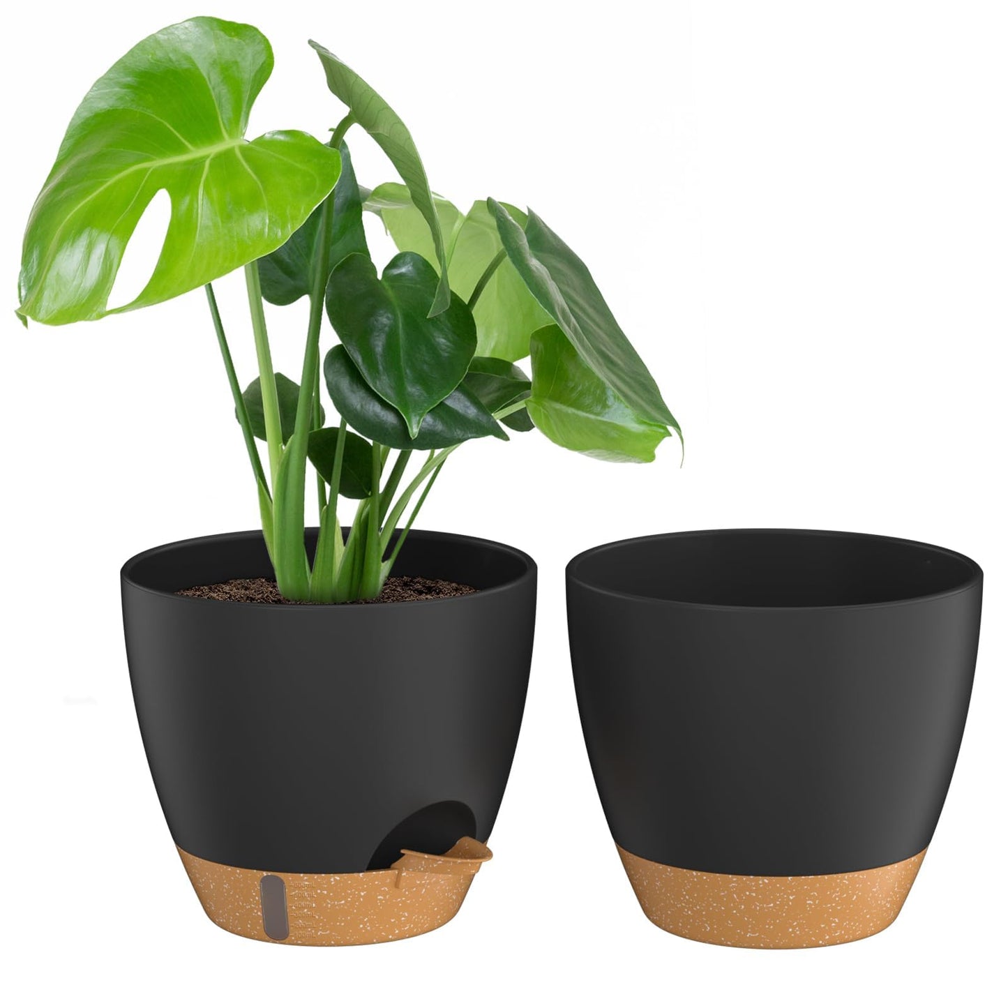 ZMTECH 10 Inch Plant Pots Set of 2 Planters for Indoor Plants Self Watering Pots Flower Pots with Drainage Holes and Saucer for Outdoor Plants(Black with Brown)
