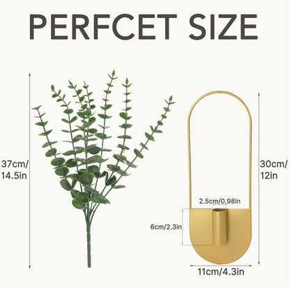 Nacidooka 2 Pcs Boho Wall Decor Hanging Planters with Artificial Eucalyptus Wall Plant Holder for Indoor Plants, Metal Hanging Vase Modern Art for Home Bathroom Living Room Hallway Office(Gold)