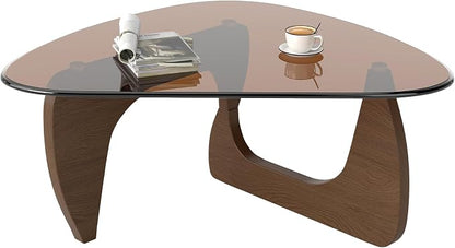 Modern Glass Coffee Table, Triangle Center Table with Tempered Glass Top& Unique Wooden Base, 31.5” Mid Century Tea Tables for Living Room, Apartment, Office,Walnut & Brown