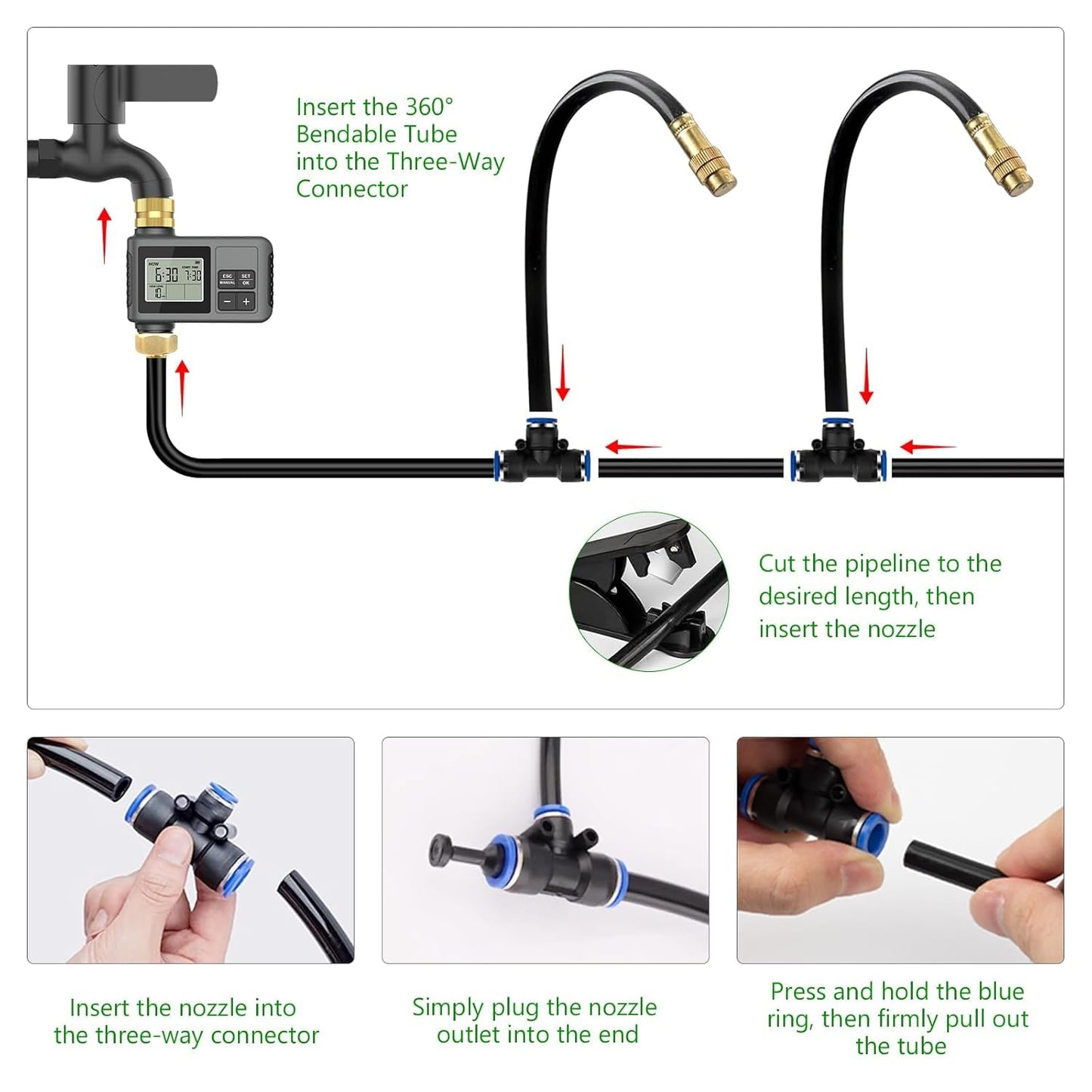 HEKIWAY 60Ft Drip Irrigation System with Smart Water Timer – Automatic Garden Watering Kit with Solid Brass Metal Connectors, 360° Adjustable Nozzles & Bendable Tubing for Garden, Greenhouse & Lawn