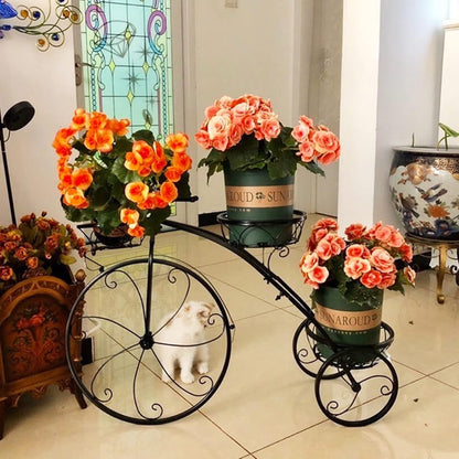 QUANBU Metal Bicycle-Shaped Planter Rack Tiered 3-Pot Plant Flower Display Stand | Indoor/Outdoor Garden Plant Shelf Holder(Color:Black)
