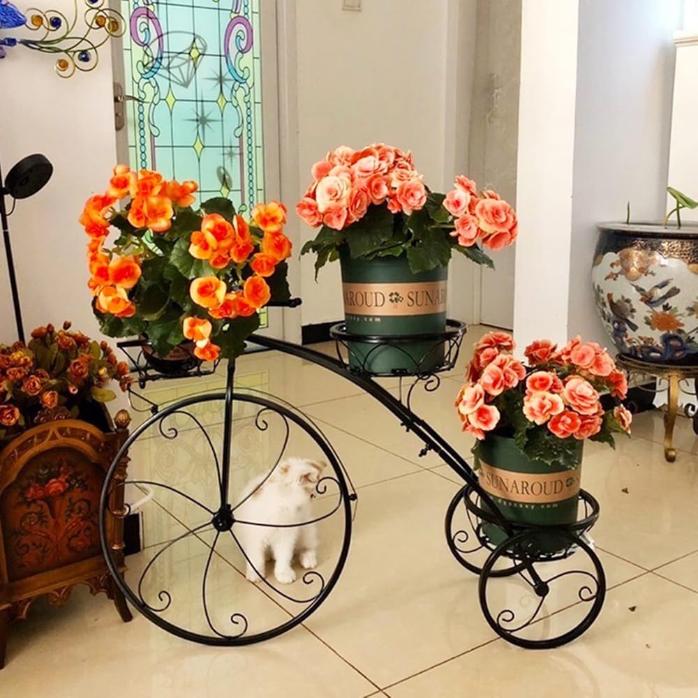 QUANBU Bicycle-Shaped Metal Planter Rack - 3-Tiered Plant Flower Display Stand, Indoor & Outdoor Garden Shelf Holder(Color:Black)