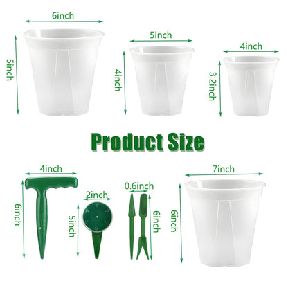 onaner 4/5/6/7 Inch Plastic Plant Pots for Plants with Drainage Holes,8 Pack Nursery Pots and Transplanting Tool Set Including Loosening Fork,Transplanting Trowel,Dibber for Indoor Outdoor Gardening