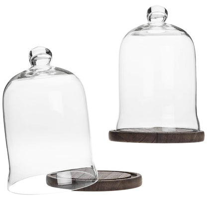 MyGift Clear Cloche Glass Dome, Display Bell Jar with Top Handle and Rustic Brown Solid Wood Base, Set of 2