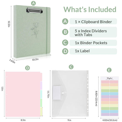 SKYDUE Clipboard Binder with Dividers,1 Inch Linen 3 Ring Binder with Clipboard on Front for Organizer, Clipboard Folder with Pocket, Labels Office Supplies OliveGreen