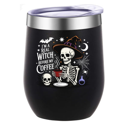 ATHAND Halloween Witch Wine Tumbler,12 Oz Insulated Stainless Steel Iced Coffee Tumbler with Lid,Funny Travel Coffee Mug Cup,Halloween Gothic Witchy Gift for Women Girls(Black)