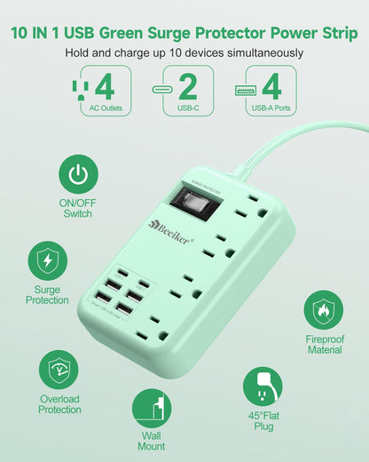 6 USB(2 USB C) Purple Travel Power Strip- 5Ft Lavender Extension Cord with 24W USB Charging Station and 4 Outlets, Purple Desk Accessories with Surge Protector for Cute Kawaii Office Dorm Room