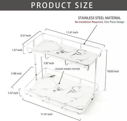 Bathroom Organizer Countertop Perfume Organizer Makeup Organizer Cosmetics Storage Display Rack Vanity Tray Dresser Stainless Steel Gold Shelf White Marble Ceramic Tray (2 Tier L-Sliver) | Perfume Organizer