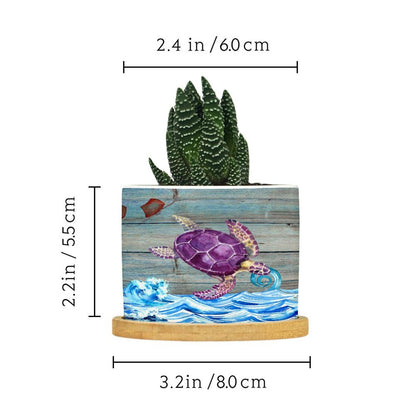 DreamAutumn Ocean Theme Sea Turtle Planter Ceramic Round Plant Pots with Drainage Holes and Bamboo Tray Planting Small Flower Pots for Home Windowsill Desk Garden Indoor Outdoor Use