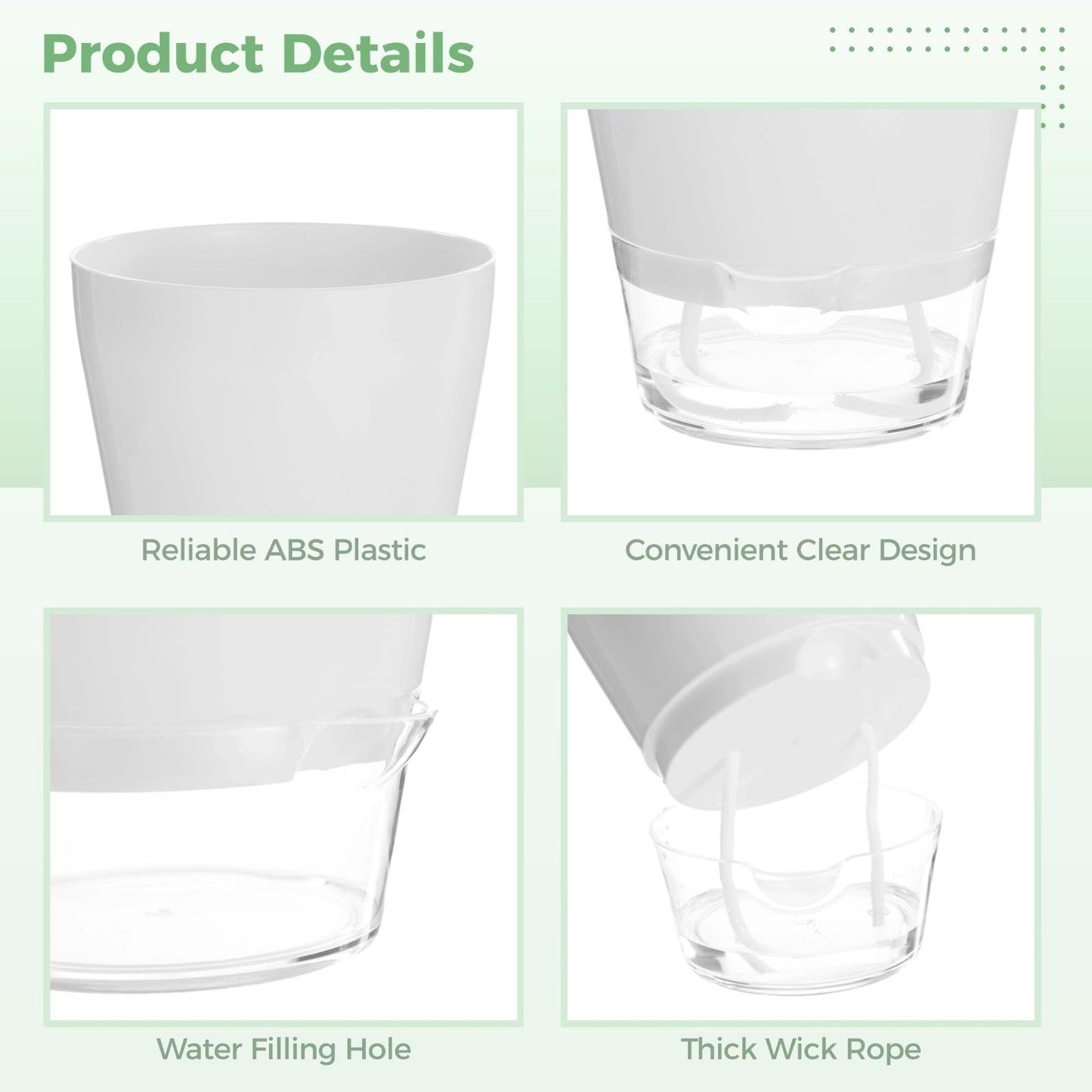 Skdqiee 12 PCS Self Watering Succulent Pots, 6 in Flower Planters with Clear Saucer Reservoir, Home Office Plastic Flower Pots with Wick Rope, White