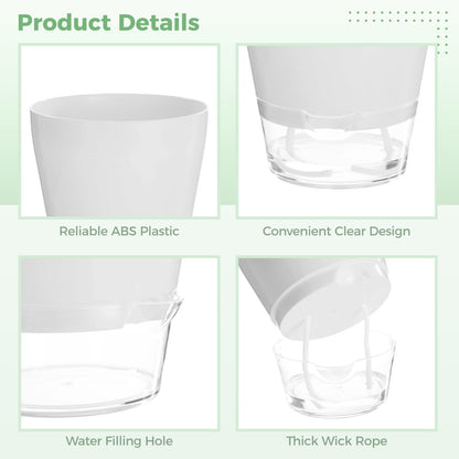 Skdqiee 12 PCS Self Watering Succulent Pots, 6 in Flower Planters with Clear Saucer Reservoir, Home Office Plastic Flower Pots with Wick Rope, White