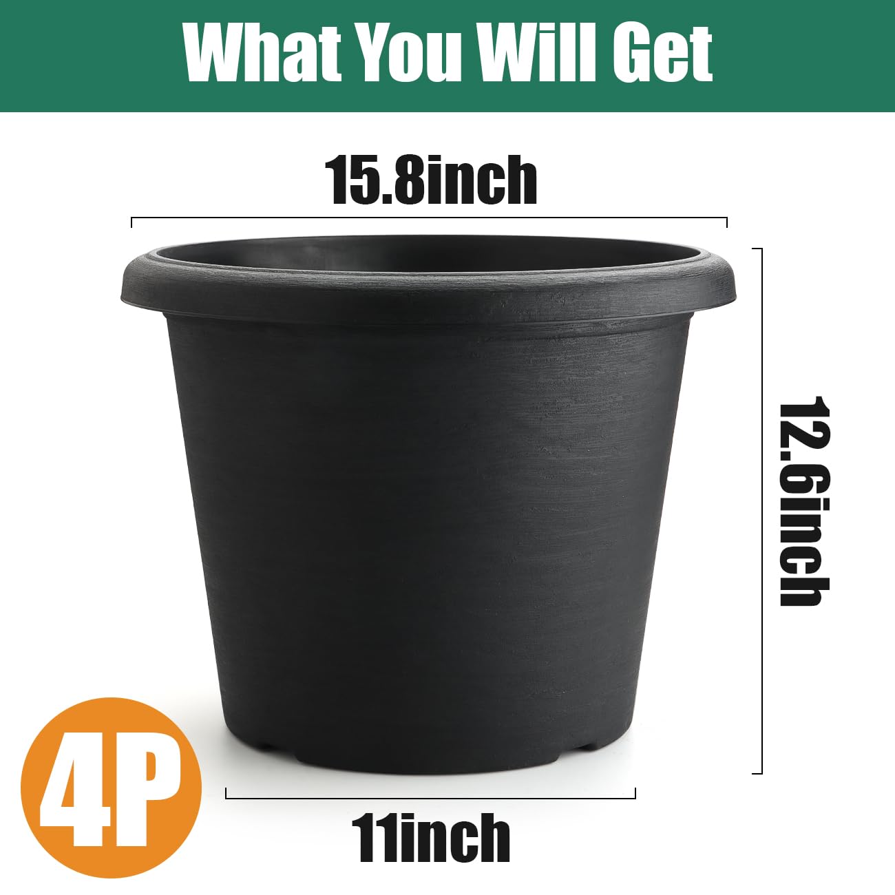 4 Pack 16 Inch Large Planters, Plastic Heavy-Duty Plant Pots with Drainage Holes - Flower Pots for Indoor & Outdoor Plants - 30L Capacity, 16" Dia & 12" Tall, Cement Textured Patio Garden Containers