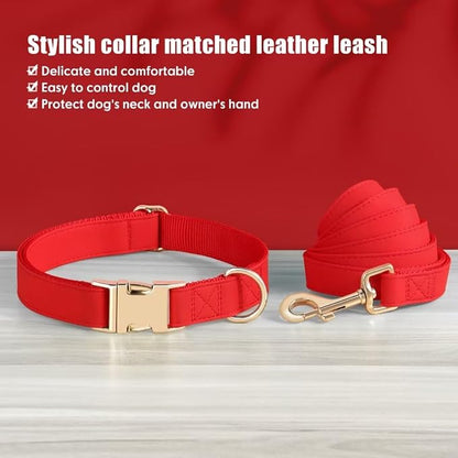PET ARTIST Soft PU Leather Dog Collar and Leash Set, Bright & Stylish 5FT PU Leather Leash and Collar Set, Durable Pet Collars with Quick Release Metal Buckle for Large Dogs,Red,L(16-27")