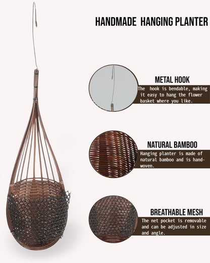 Gogeffor Hanging Orchid Planter: 3 Pack Wall Plant Pot with Adjustable Hook Breathable - 4 Inch Handmade Bamboo Flower Basket for Indoor Window Balcony Corridor Railing Garden Fence - Brown