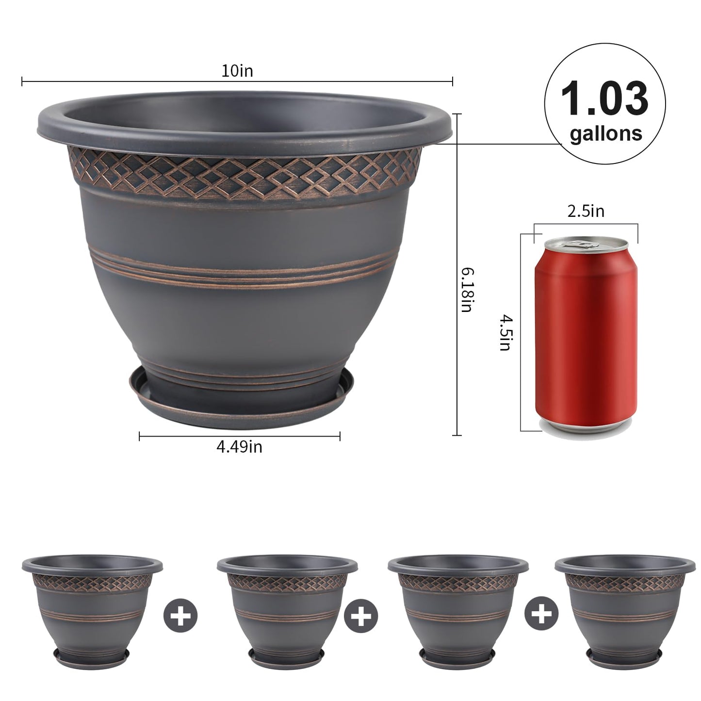 Usocik 10 Inch Plaid Plant Pots 4 Pack with Drainage and Saucers Copper
