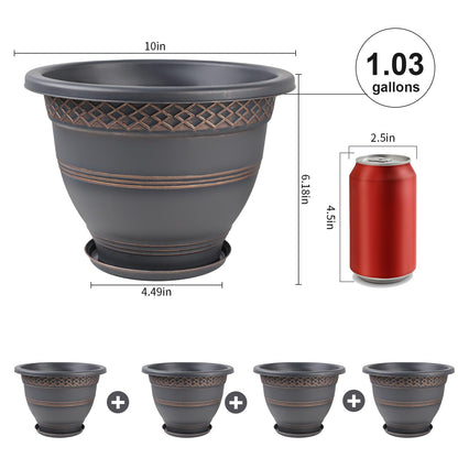 Usocik 10 Inch Plaid Plant Pots 4 Pack with Drainage and Saucers Copper