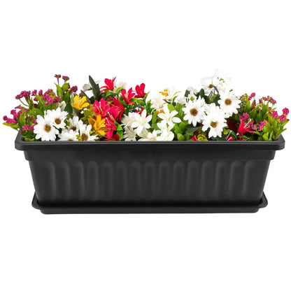KEILEOHO 6 Pack 17 Inch Plastic Window Flower Box Planter, Rectangular Windowsill Planters with Trays and 30 Plant Labels, Countryside Flower Box Planter Plastic Vegetable Planters, Black