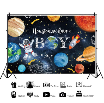 ZJRBJB 10x8ft Houston We Have a Boy Decorations Backdrop Baby Shower Party Outer Space Rocket Astronaut Planets Star Solar System Background Birthday Party Banner Polyester Fabric