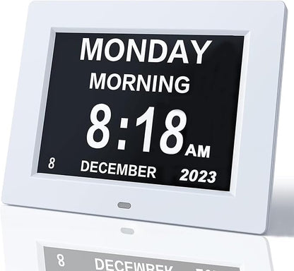 Johnziny 8 Inch Digital Clock Large Display Dementia Clocks with Day and Date for Seniors,8 Alarms Options Digital Clock,Digital Calendar with Large Number and Custom Alarms White