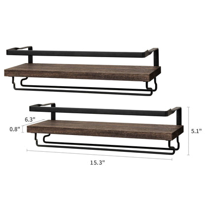 Mkono Wall Mounted Wine Rack Set of 2 Wood Shelf Rustic Wine Bottle Glass Floating Shelves with Stemware Hanger Modern Plants Photos Wine Display Storage Holder for Kitchen Dining Room Bar, Black