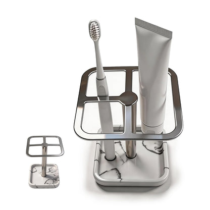 Toothbrush Holders for Bathrooms, Toothbrush and Toothpaste Holder - Modern Stainless Steel Stand with White Marble Base, Countertop Organizer for Bathroom Vanity