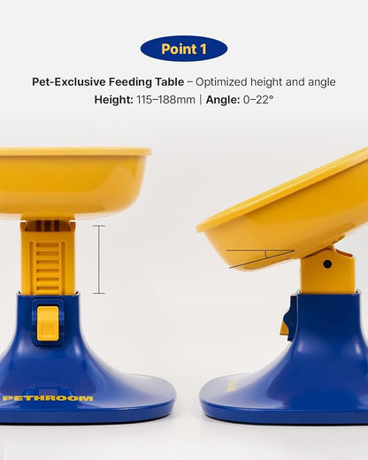 PETHROOM Well Fit Elevated Dog Bowl Stand – Adjustable Height 4.5–7.4 in with 0–22° Tilt, Stable Non-Slip Feeding Stand for Dogs & Cats, Bowl Not Included, Yellow & Blue