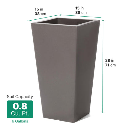 Step2 Tremont Tall Square Tapered Planter, 28", Indoor/Outdoor Plants, Efficient Drainage, Durable Resin, Dark Cedar