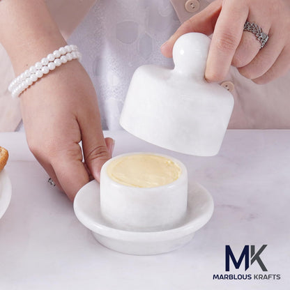 Marble Mini Butter Dish with Lid 4 Inch White French Butter Crock, Soft Butter Spreader, Butter Keeper for Kitchen Décor and Storage, Gift for Her Mother’s Day