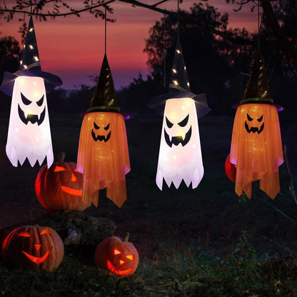 2PCS Hanging Lighted Glowing Ghost Witch Hat - 38 inch Length LED Decorations for Indoor/Outdoor Halloween Party Supplies