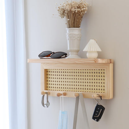 FRIADE PE Rattan Key Holder with 4 Key Hooks ,Wall Mounted Decorative Floating Shelf for Entryway,Nursery,Mudroom, Hallway, Office (Burlywood)