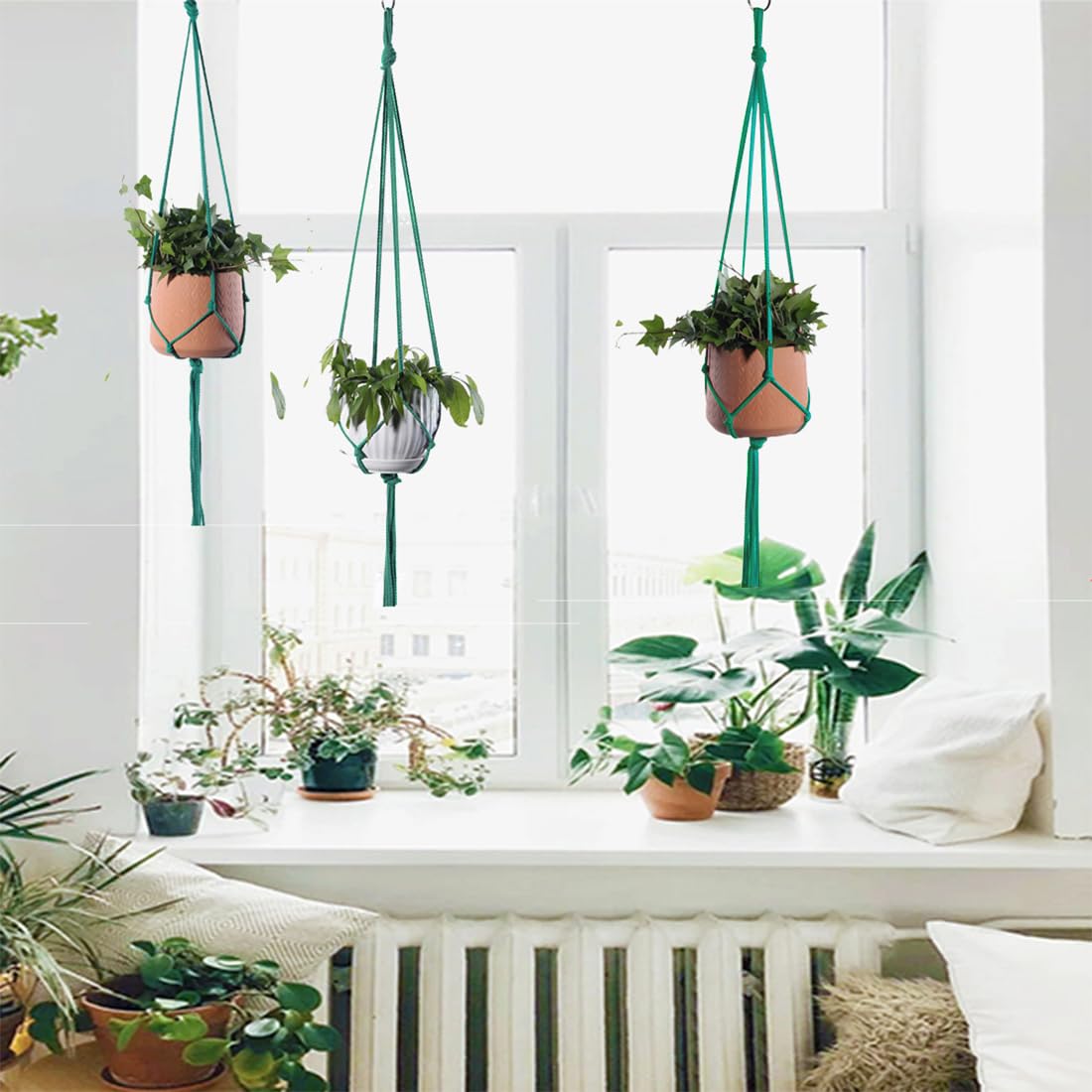 ELANE 6PCS Macrame Plant Hanger Indoor Hanging Planter Basket Decorative Tassels Flower Pot Holder for Indoor Outdoor Home Decor(6Pcs Green)